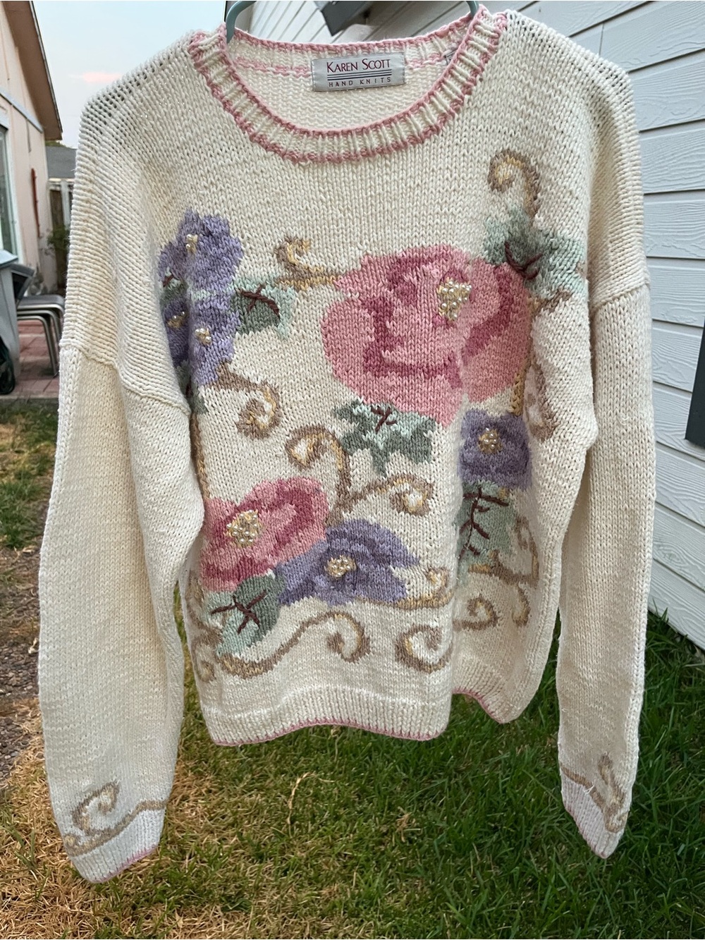 Karen Scott Cream Crewneck Sweater with Pink & Lavender Floral Design